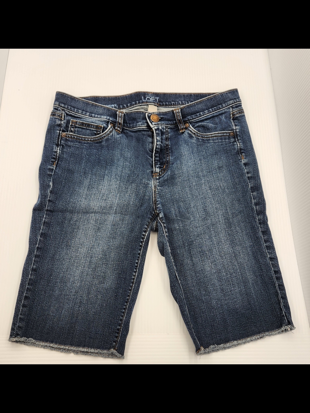 LOFT Dark Blue Denim Bike Shorts with Frayed Hem